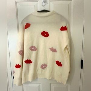 White mock Neck Sweater with Loft Red and Pink Lips